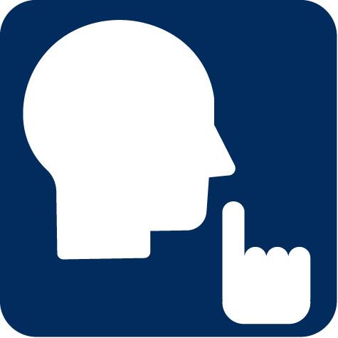 Das Piktogramm zeigt einen Kopf und eine Hand mit gehobenem Zeigefinger vor dem Mund. Das Piktogramm steht für "Ruhebereich".