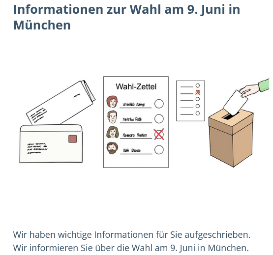 Man sieht eine Zeichnung mit einem Briefkuvert, in dem Wahlunterlagen stecken, einem Wahlzettel zum Ankreuzen und eine Wahlurne.